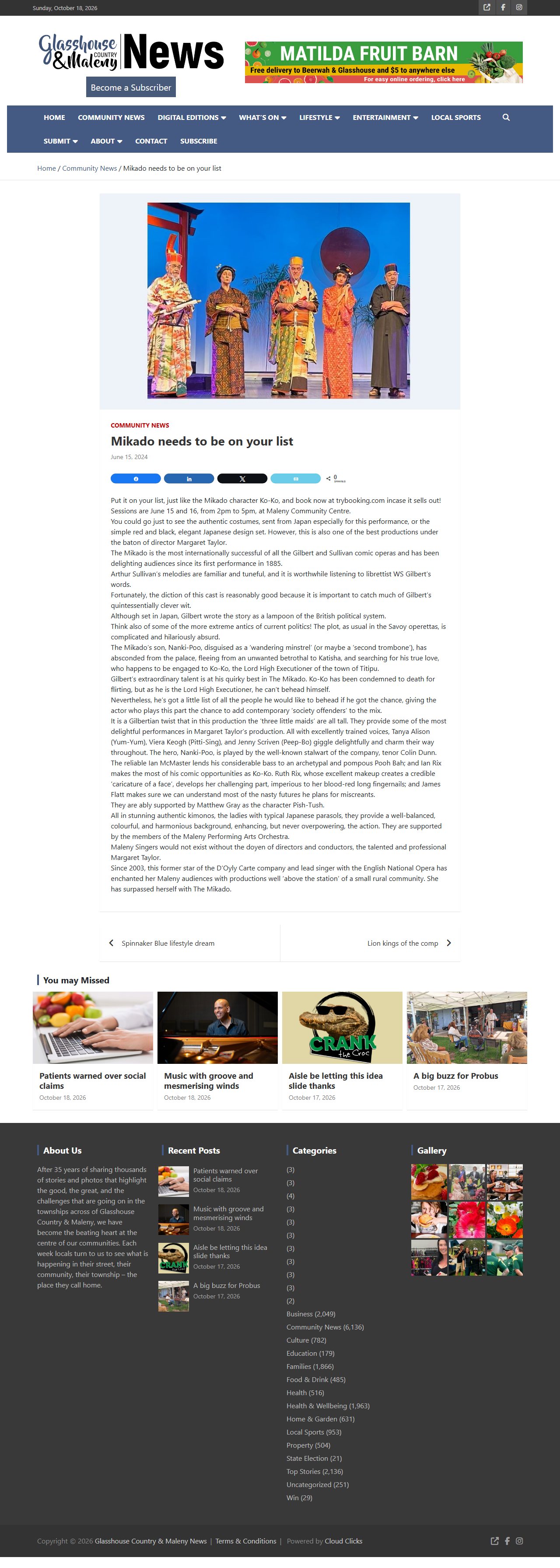Screenshot of the Glasshouse Country and Maleny News article: Mikado needs to be on your list