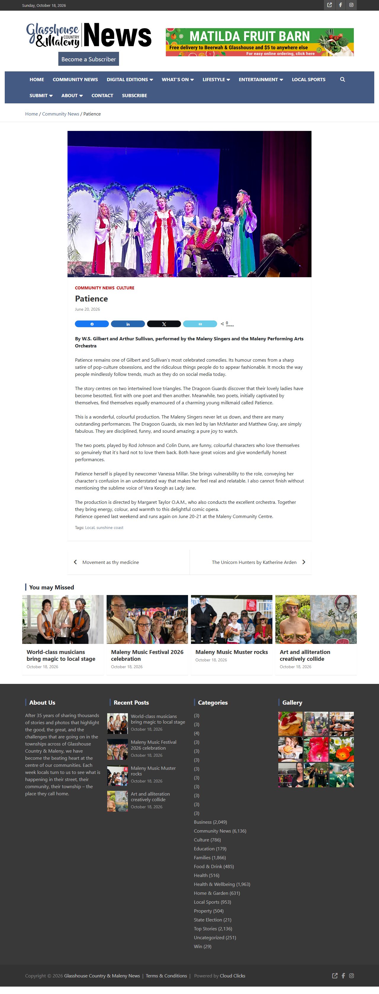 Screenshot of the Glasshouse Country and Maleny News review of the Maleny Singers' production of Patience