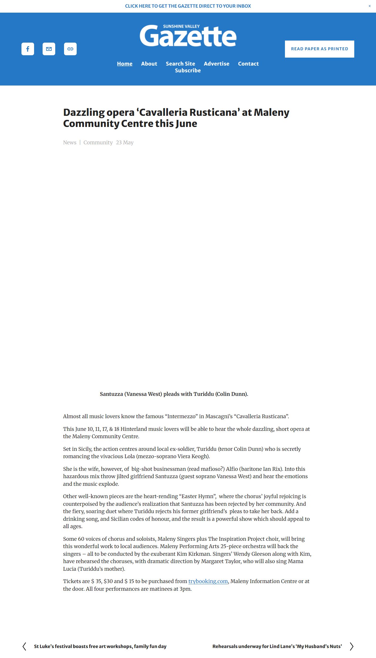 Screenshot of the Sunshine Valley Gazette article about Cavalleria Rusticana in Maleny