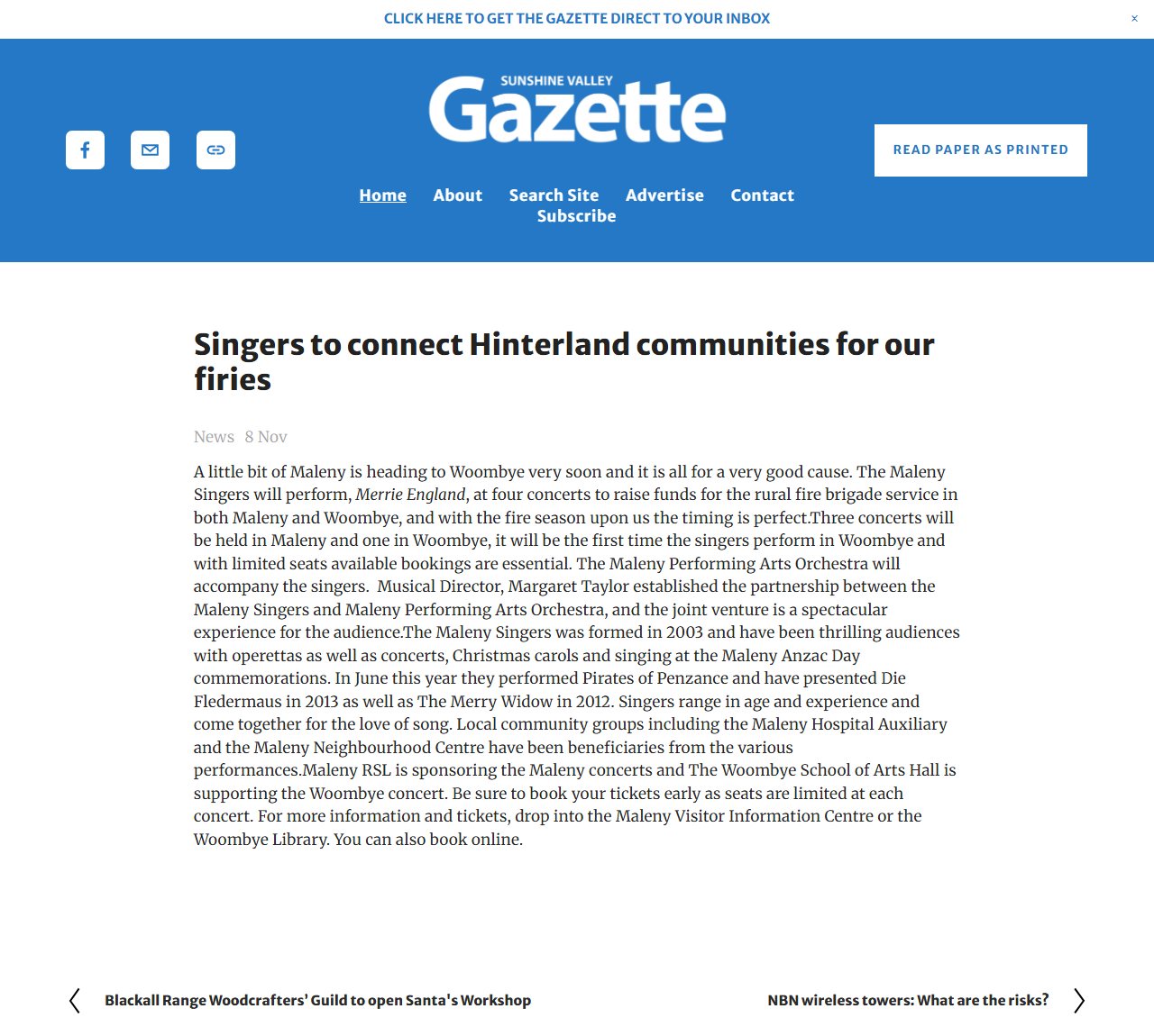 Screenshot of the Sunshine Valley Gazette article: Singers to connect Hinterland communities for our firies