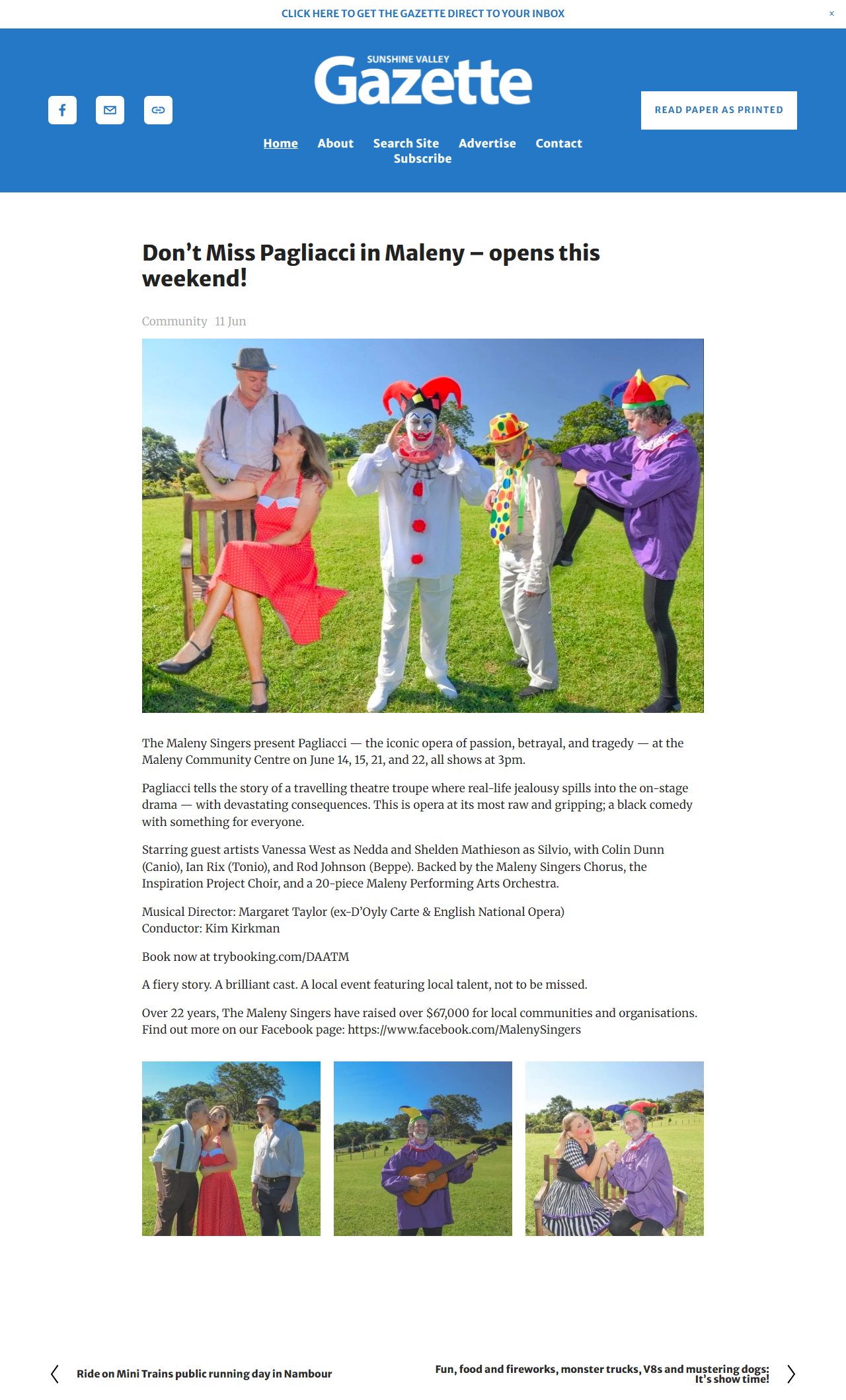 Screenshot of the Sunshine Valley Gazette article: Don&rsquo;t Miss Pagliacci in Maleny